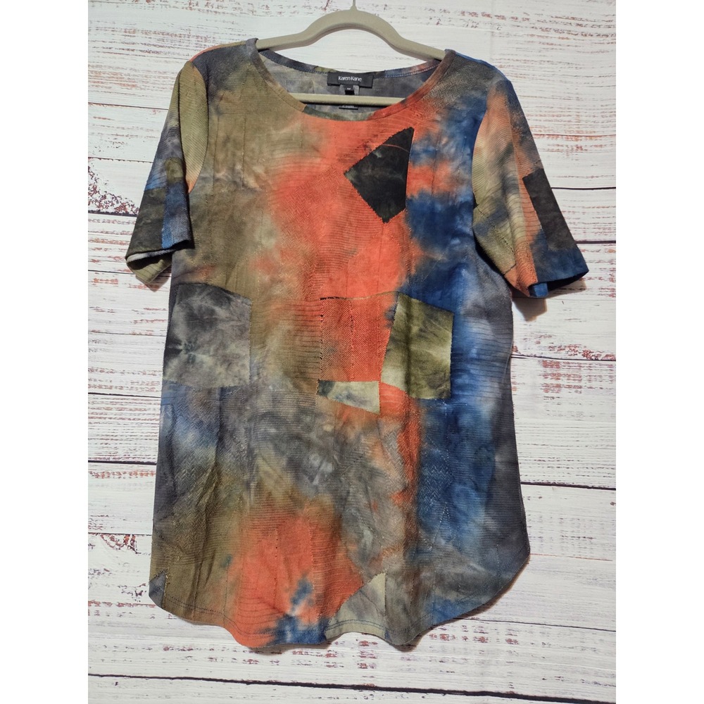 Karen Kane Womens M Abstract Tie Dye Patchwork Textured Short Sleeve Top Orange